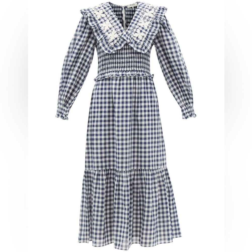 SEA NY Embroidered Bib Collar Dress in Navy Gingham
